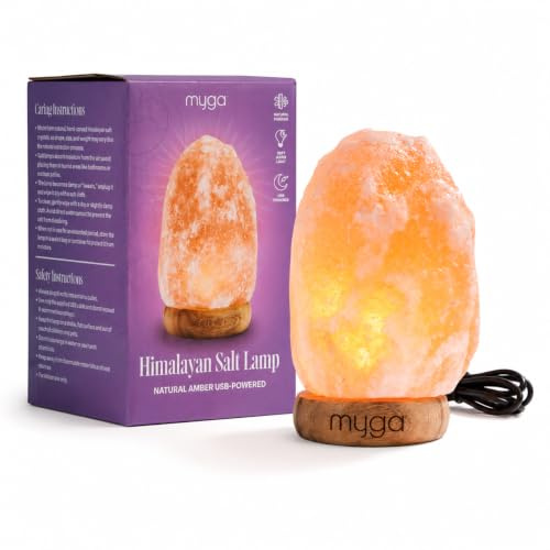 Myga USB Himalayan Salt Lamp – Hand-Carved Himalayan Salt Crystal Lamp with Wooden Base – Warm White or 7-Colour Changing LED Lamp for Home, Meditation & Yoga (Warm White LED, Pink Himalayan Salt)