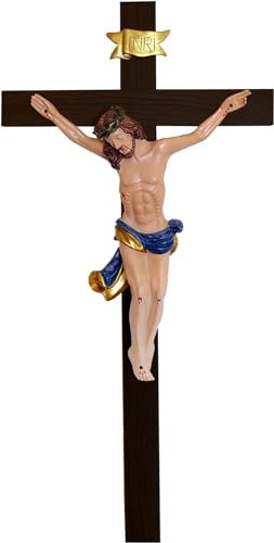 Kaltner Präsente Geschenkidee: 35 cm Wandkreuz Kruzifix aus Holz Buche Schwarz gebeizt - Handgemalte Jesus Christus Figur aus hochwertigen Kunstguss aus Resin – Dekoration