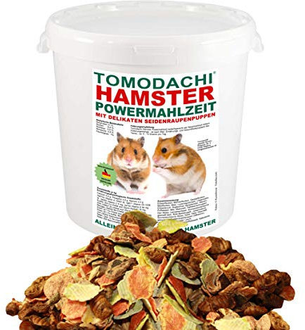Tomodachi Hamsterfutter, Komplettfutter für Hamster mit tierischen Eiweißen, Seidenraupen, viel Gemüse, wenig Pellets, Erbsenflocken, Möhrenflocken, Kräuter, Nüsse, Hamster Powermahlzeit 2kg Eimer