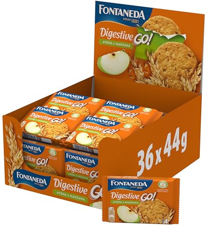 Fontaneda Galletas Digestive Go con Avena y Manzana, 24 x 43g | Galletas Digestive con Manzana elaboradas con cereales y ricas en fibra, ideales para desayunos, meriendas y recetas caseras