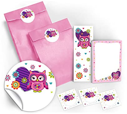12 Geschenktüten / hellrosa + 12 Aufkleber + 12 Lesezeichen + 12 Mini-Notizblöcke Eule / Mitgebsel Gastgeschenk für Kinder Jungen Mädchen beim Kindergeburtstag Geburtstag Hochzeit Taufe