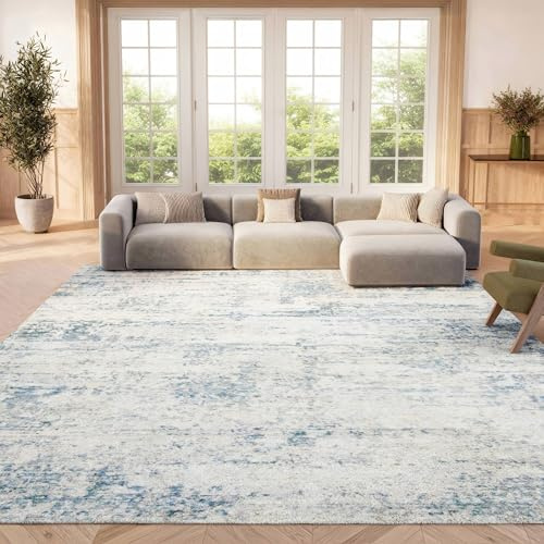 SAFAVIEH Amelia Collection Area Rug - 8' x 10', Ivory & Blue, Modern Abstract Design, Non-Shedding & Easy Care, Ideal for High Traffic Areas in Living Room, Bedroom (ALA700A)