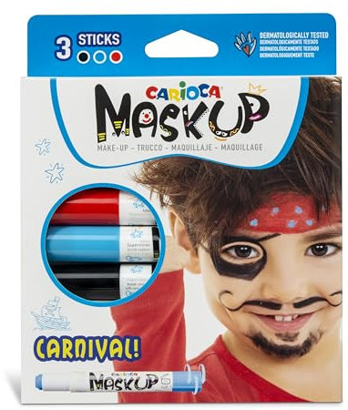 Carioca Mask Up Carnival, Truccabimbi Kit per Bambini e Bambine, Trucchi per la Pelle in Stick Ideali per Natale, Halloween, Carnevale e Feste - 3 Colori e 2 Tutorial - Dermatologicamente Testati