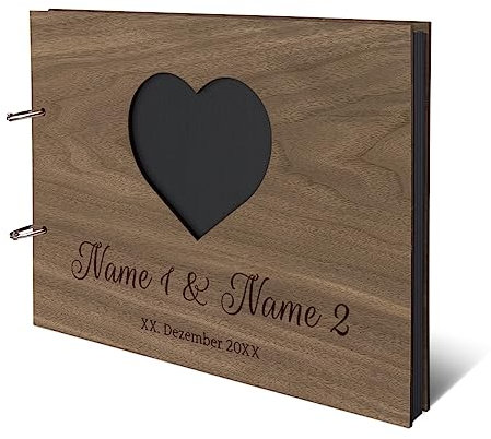 Hochzeit Fotoalbum Nussbaum Holz Gravur individuell Holzcover mit 50 Fotokarton 300g/qm schwarzen Innenseiten (25 Blätter) DIN A4 quer 302 x 215 mm - Herz