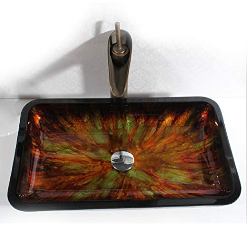 XMZFQ Künstlerisches Schiff sinkt Badezimmer gehärtetes Glas Vanity Bowl mit Öl Gummi Bronze Hahn und Pop-up-Drain Combo, Rechteck