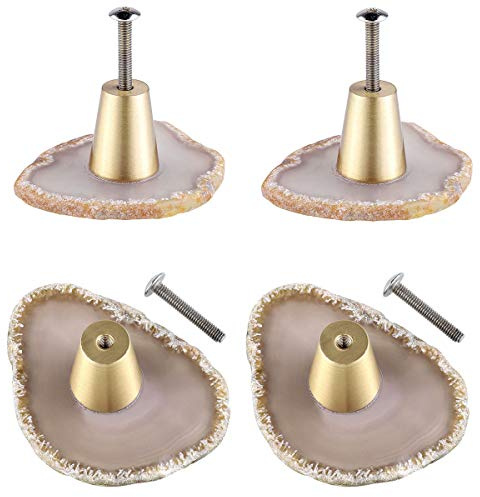 mookaitedecor Set of 4 Irregular Agate Drawer Knobs with Screws for Decor | Grey Agate Crystal Knobs, Decorative Crystal Cabinet, Cupboard Knobs Handles Pulls, Kitchen Wardrobe Furniture Door