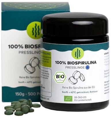 Bio Spirulina Presslinge in vioIetteglas | Ökologische Vitalstoffe Rohkost, glutenfrei, vegane Ernährung voller Nährstoffe, Reines Naturprodukt aus deutschem Anbau, ohne Zusätze (150g)