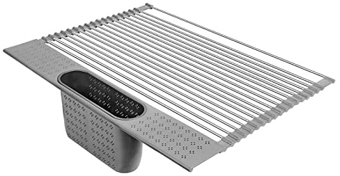 JHNEA Plegable Repisa de Drenaje Escurreplatos, Enrolle el Estante de Secado del Fregadero, Escurridor Platos Acero Inoxidable, Roll-Up Dish Escurreplatos Fregadero para Muebles de Cocina,Gris