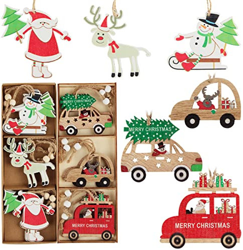 Bois Arbre de Noël Ornements, FainFun 18 Pièce Decoration Sapin de Noel en Bois avec Corde, Pendentif Arbre de Noël en Bois Ornements, Rennes, Ange, Père Noël, Auto, pour Décoration de Sapin de Noël