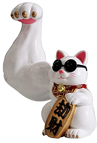 FIYSON Glückskatze Figur Lustig Harz Golden Katze Muskel Arm Reichtum Glücksbringer Glücksstatue Büro Zuhause Cafe Geschäft Einweihungsparty Ladenöffnung Geschenk Tischdekoration Stil (Raub Weiß)