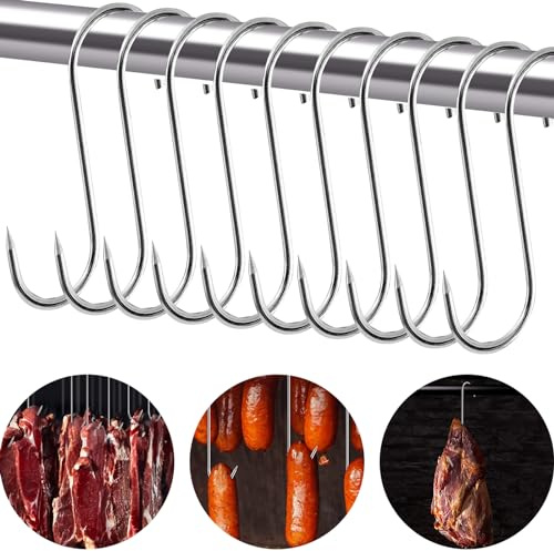 Fleischerhaken S Haken,10 PCS 4x17cm Fleischerhaken Edelstahl, Metallhaken,Fleischerhaken Räucherhaken mit Spitzen Ende Metzgerhaken Küchenhaken,S-Haken für Zwecke Fleisch Räuchern Fleischverarbeitung