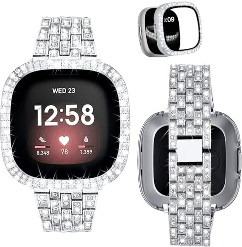 VISOOM Armband kompatibel mit Fitbit Versa 4/Versa 3/Sense 2/Sense mit Schutzhülle, Damen Elegantes Keine Lücke Metallarmband und Gehäuse mit Glitzer Diamanten