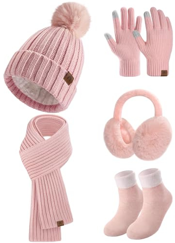 Xnova Hat and Scarf Set for Women Ladies 5Pcs, Winter Knitted Warm Beanie Hat Long Scarf Touch Screen Thermal Gloves Socks Plush Ear Warmers Sets Girls for Outdoors Ski with Gift Box, Pink
