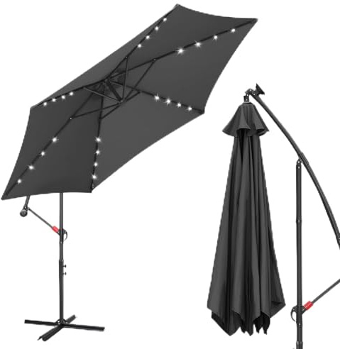 Fiqops Sonnenschirm LED Solar Ø 300 cm Grau mit Kurbel| Alu Ampelschirm mit Ständer | Gartenschirm Sonnenschutz UV-Schutz Aluminium | Kurbelschirm Marktschirm wasserdicht für Garten