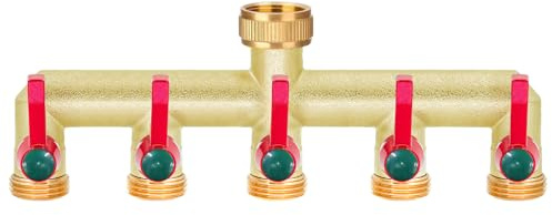 iBamso Solid Brass Garden Hose Splitter, 3/4 Inch 5 Way Water Tap Splitter with On/Off Valves and Extended Handle, High Flow Outlet Hose Connector