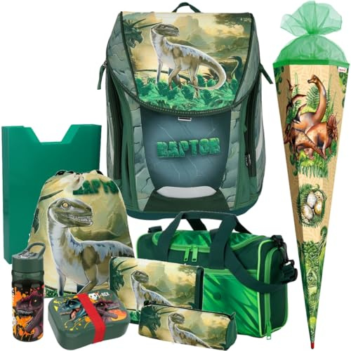 Generisch Raptor - T-Rex - Dino - Spirit Como Schulranzen-Set 9tlg. mit Sporttasche, Brotdose und Trinkflasche - Schultüte Gratis dazu (Veganosaurus)