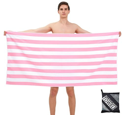 Large Thin Microfibre Beach Towel with Bag for Adult Men Women,160x90cm Pink Stripe Beach Towels Quick Dry Sand Free Lightweight Swim Bath Towel for Travel,Swimming,Pool,Holiday,Camping,Yoga,Gym Sport