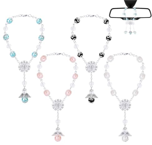 4 Stück Auto Anhänger Swinging Car Accessories,Taufe Rosenkranz-Perlen Katholisch Auto Rückspiegel Innen Dekoration Hänge Ornament Armbänder Spiegel Charms Zubehör Kreuz-Autospiegel Hängende Zubehör
