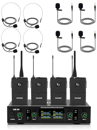 MIZISNR Wireless Lavalier Microphone System, Wireless Headset Mic Set Cordless Microphones for Singing, Karaoke, Church, DJ (4 Bodypack