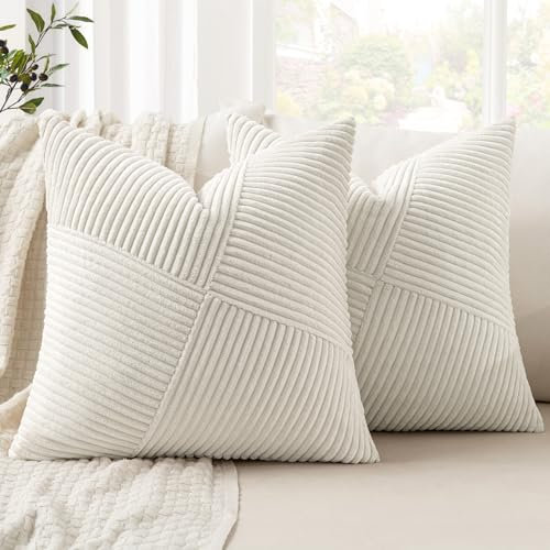 MIULEE Cushion Cover 45x45 Cream Corduroy Set of 2 Pillow Cases Decorative Sofa Stripes Pattern Patchwork Design for Living Room