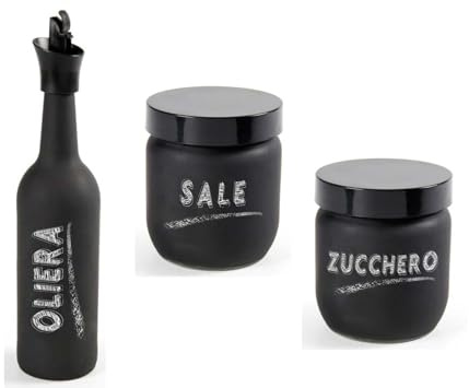 Utilissimi EDITACASA – Set Continitori – Tris bocaux – sel et sucre 425 ml + Huilier 750 ml en verre satiné noir ORGANIZER cuisine