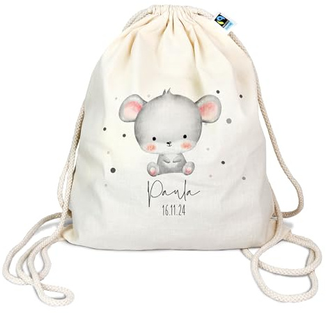 verschenkich Turnbeutel personalisiert mit Name & Datum | Tierkind Maus | Personalisierbar, Bio-Baumwolle, verstellbare Kordeln, Sportbeutel & Wäschebeutel, 46 x 38 cm, Kindergarten & Schule