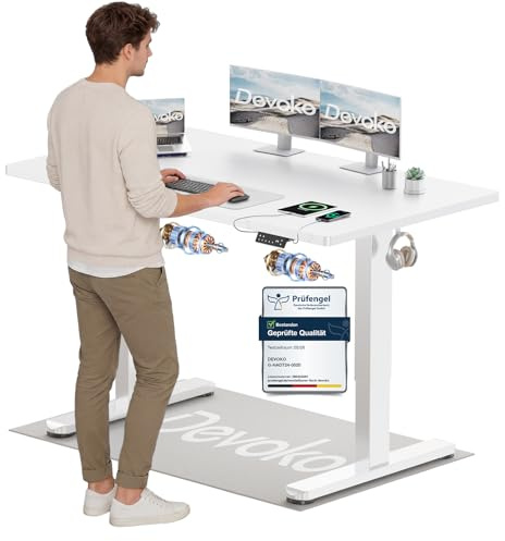 Devoko Höhenverstellbarer Schreibtisch mit 2 Motoren，25mm Einteilige Tischplatte, 140x70 cm Elektrisch Computertisch mit Kabel Management, weiß - Perfekte Ergonomie für Dein Büro