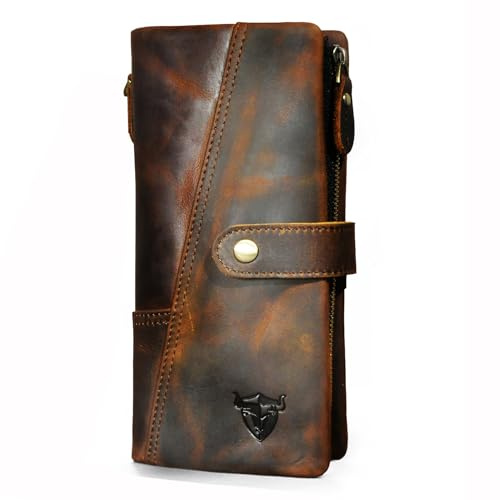 Handadsume Vera Crazy Horse in pelle regalo di viaggio moneta tasca porta carte lunga catena organizzativa Rfid Portafoglio con chiusura a scatto per uomo uomo 1803, Marrone 1803, senza catenina