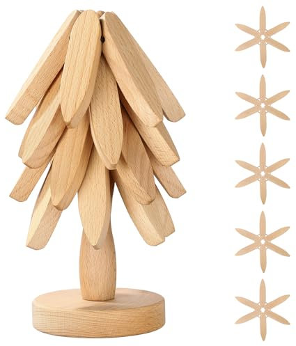Markcco Sottopentola in legno per piatti caldi, set di 5 sottopentola in legno + 1 supporto per riporre come un albero di Natale, sottopentola in legno di faggio per pentole calde, padelle, ciotole