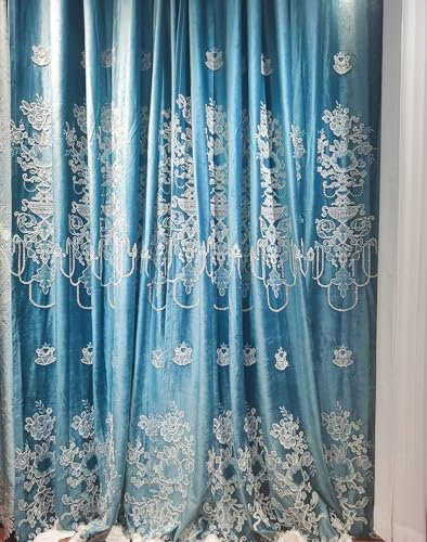 Epinki Vorhang Blickdicht mit Muster Gardinen mit Ösen 2 Stück, Verdunkelungsvorhang Extra Breit Weiß Blumen Gestickt Vorhang Chenille Dekoschal Fensterschal für Wohnzimmer Blau H183 x B86 cm