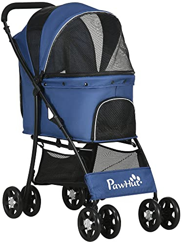 PawHut Passeggino per Animali Taglia Piccola e Mini con Cesto, Tettuccio a 4 Livelli, Cuscino e 2 Guinzagli, Passeggino per Gatti con 2 Freno in Acciaio e Tessuto Oxford, 81x48x99 cm, Nero e Blu Scuro
