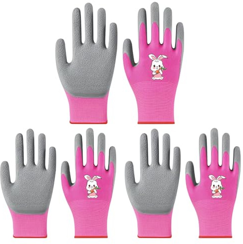 KIRVOS Guantes de Jardinería para Niños, 3 Pares, Rosa y Gris, Diseño de Conejo, 6,5 cm x 17,6 cm, para Edades 2-5 Años