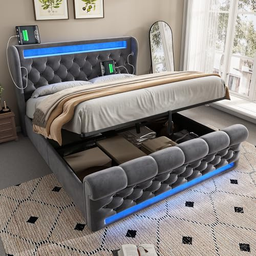 RIAZOS Polsterbett 140x200 cm, Doppelbett mit LED-Leuchten, Kopfteil mit USB- und Typ-C-Anschlüssen, Hydraulisches Stauraumbett, für Jugendliche und Erwachsene, Samt, Grau (Ohne Matratze)