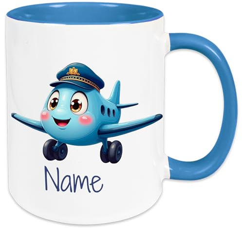 GRAZDesign Personalisiertes Kinderbecher Flugzeug Motiv – Kindertasse für Jungen mit Namen Keramik in blau 330ml
