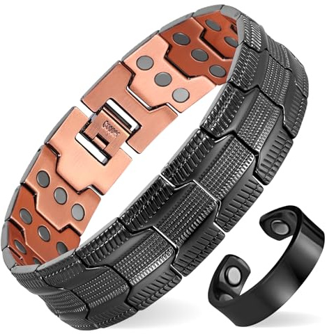 MagEnergy Pulsera magnética y anillo de cobre para hombre, 3 filas de imanes (3800 gauss), 99,99% cobre puro, incluye herramienta de extracción y caja de regalo