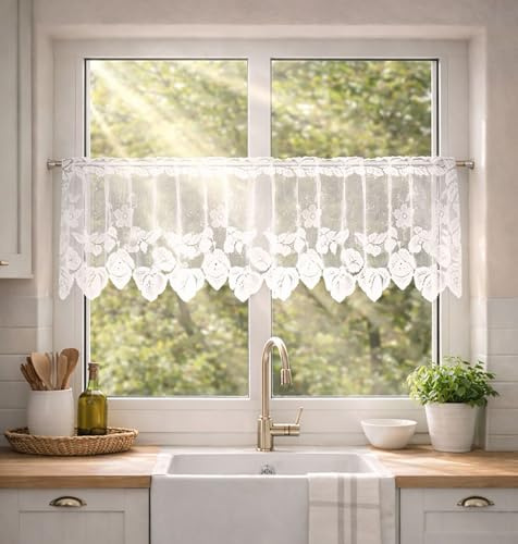 Rideau de café Kamaca en jacquard - Rideau de cuisine blanc semi-transparent - Moderne rideau court à œillets pour cuisine et salle de bain - Protection contre la lumière (HxL 30x200 cm Café Blanc)