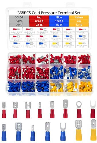 QWORK® Set da 368 pezzi di terminali per cavi 0,5-6,0mm² (AWG 22-10) – Cappucci isolati, terminali piatti e connettori a crimpare per auto, casa e barca