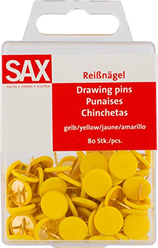 SAX Reißnägel Gelb 80 Stück, Heftzwecken für Pinnwand Korktafel, 10 mm Kopfdurchmesser, Kunststoffummantelung, Metallspitze, Kunststoffbox mit Sicherheitsverschluss
