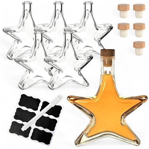 gouveo 6er Set Glasflasche in Sternform 200 ml (0,20 l) Sternflasche 200 ml aus Glas mit Holzgriffkorken, transparent, zum Befüllen & Verschenken, für Likör, Sirup, Öl & Essig (SFT200HGK)