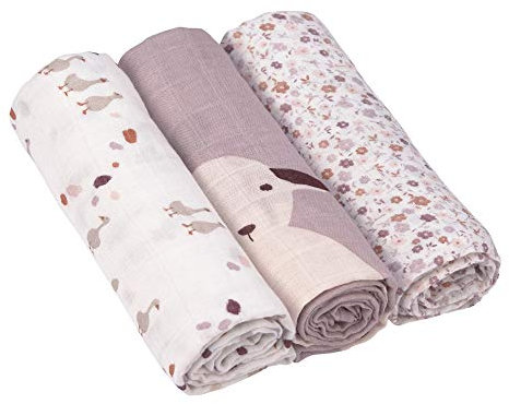 LÄSSIG Baby Mulltuch Spucktuch Puckdecke 3er Set Baumwolle 80 x 80 cm/ Heavenly soft Swaddle L Tiny Farmer Flowers