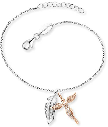 Engelsrufer Damen Armband aus Sterling Silber mit Feder Anhänger und Engel Anhänger - besetzt mit 20 Zirkonia Steinen - Karabinerverschluss - längenverstellbar