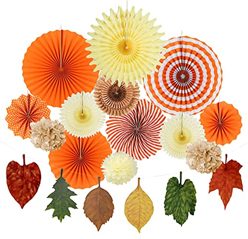 Easy Joy 19-teiliges Herbst Deko Set Papierfächer Pompons Blättergirlande | Orange Party Dekoration mit Rosetten Papierblumen und Blättergirlande für Erntedank Geburtstag Hochzeit und Herbstparty
