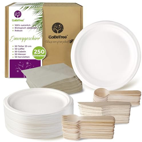 Stoviglie monouso 250 pezzi per 50 persone. Stoviglie ecologiche realizzate con canna da zucchero. Include 50 piatti, 150 posate in legno e 50 tovaglioli.