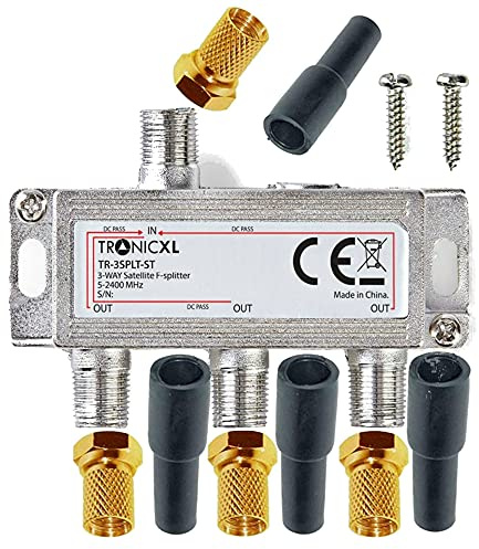 TronicXL 3-Fach Antennenverteiler TV + F-Stecker Adapter mit Wetterschutz + DC-Durchlass kompatibel mit für DVB-T2 DVB-C Unitymedia Vodafone Kabelfernsehen Verteiler Sat Splitter HD tauglich digital