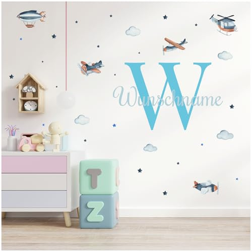 Wandsticker personalisiert Sticker Aquarell Tiere mit Name Wandtattoo für Kinderzimmer Babyzimmer Spielzimmer Mädchen Junge Y037 (Nr. 2 Flugzeuge, Mit Wunschname)