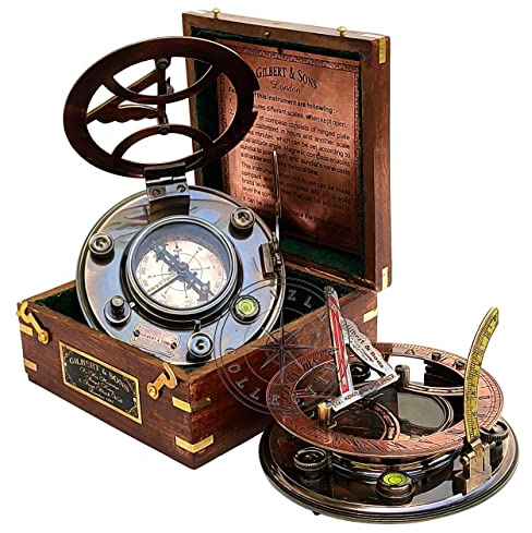 Hanzla Collection Sonnenuhr-Kompass, perfekt kalibriert, 12,7 cm, großer Sonnenuhr-Kompass mit Holzbox, hochwertige gravierte Messing-Sonnenuhr