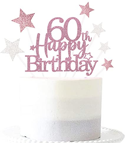 Pargleev Rose Gold 60th Birthday Cake Topper, Glittery Star Cake Decoration | 7-piece Rose Gold 60th set: 1 glittery 'Happy Birthday' topper + 6 star cupcake toppers; just place on the cake