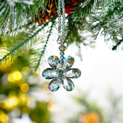 Crystal Flower Suncatcher Car Mirror Pendant Fengshui Auto Decor | Glass rear view mirror hanging ornament with fengshui charm. Ideal for car, window, home, or gift.