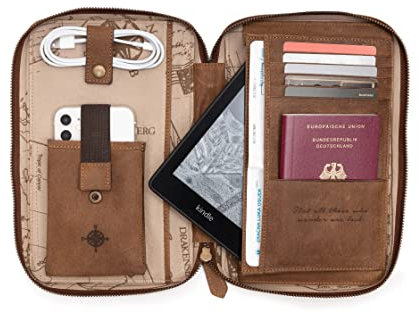 DRAKENSBERG Reise-Organizer 'Kate' - Universal Reisemappe und Reisebrieftasche, Etui für Kindle und eBook-Reader bis 7, handgemacht, Büffel-Leder, Retro-Vintage, Kastanien-Braun, DR00318