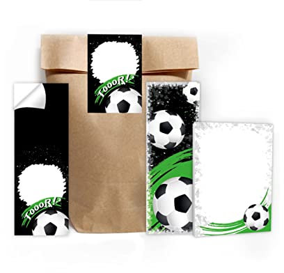 6 Lesezeichen + 6 Mini-Notizblöcke + 6 Geschenktüten (natur) + 6 Aufkleber Fussball Fußball Mitgebsel Gastgeschenk beim Kindergeburtstag Jungen